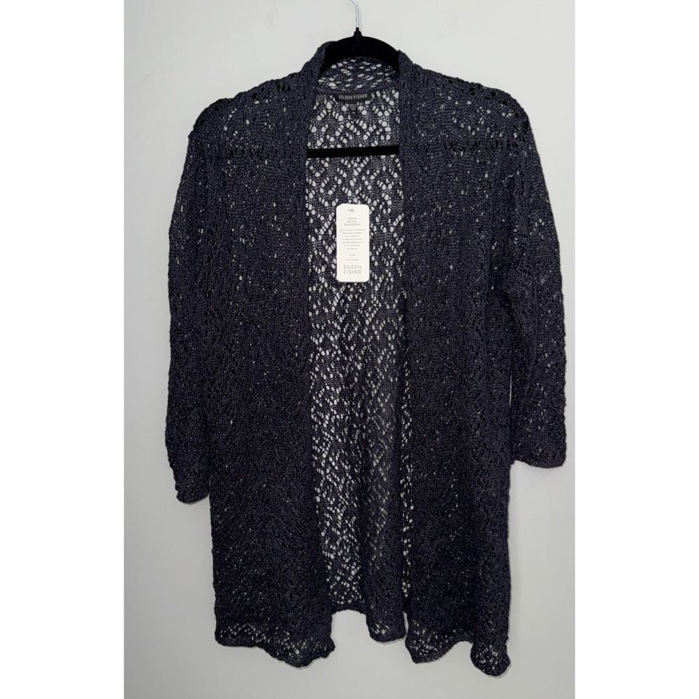 Eileen Fisher Linen Metal Diagonal Long‎ Cardigan Evening Navy Blue Medium NWT